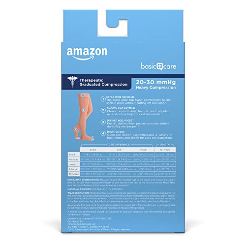 Basic Care Medical Compression Stockings for Circulation, Varicose Veins, Edema, Swelling, 20-30 mmHg Support, Women & Men Thigh Length Hose, Open Toe, Beige, Small