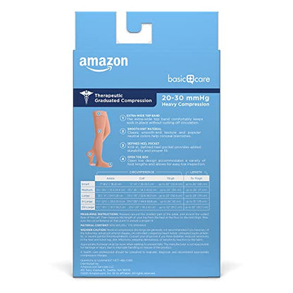 Basic Care Medical Compression Stockings for Circulation, Varicose Veins, Edema, Swelling, 20-30 mmHg Support, Women & Men Thigh Length Hose, Open Toe, Beige, Small