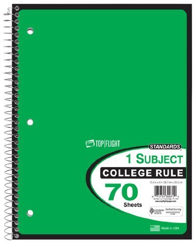Top Flight Standards 1-Subject Wirebound Notebook, 70 Sheets, College Rule, 10.5 x 8 Inches, 1 Notebook, Green Cover (30072) by Top Flight