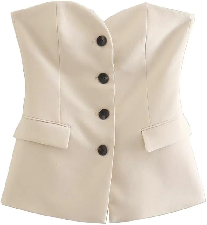 Women Single Breasted Strapless Slim Tank Top High Waist Straight Pants Office Suit