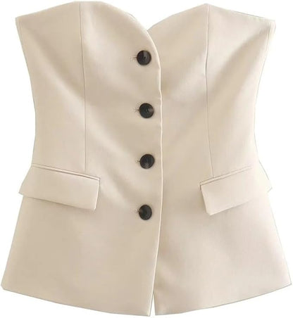 Women Single Breasted Strapless Slim Tank Top High Waist Straight Pants Office Suit