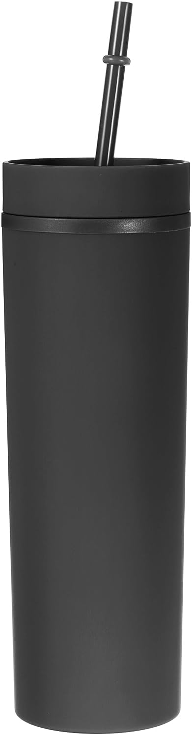 uxcell Skinny Tumbler with Lids and Straws, 16Oz Matte Black Skinny Tumbler Bulk, Reusable Pastel Acrylic Tumbler, Double Wall Plastic Tumbler for Cold Hot Drinks, Coffee DIY