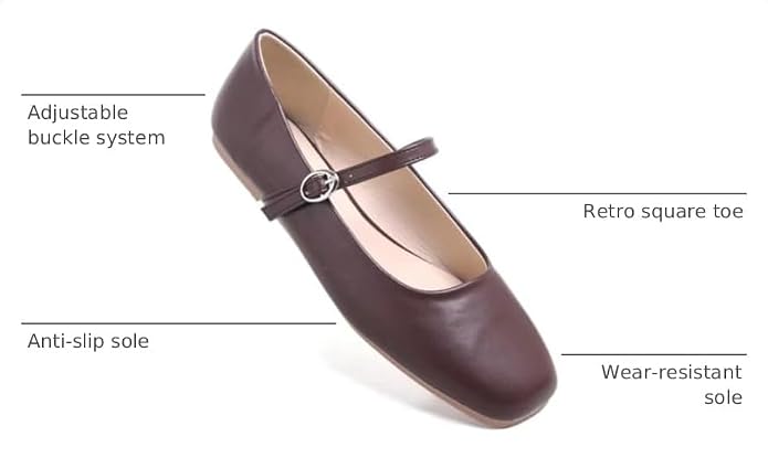 Brown Not Coffee Color TN TANGNEST Women's Leather Flats Square Toe Dress Flats | Retro Soft Mary Jane Flats, Breathable Lightweight Ballet Flats with Adjustable Strap, Comfort Casual Work Shoes