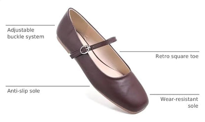 Brown Not Coffee Color TN TANGNEST Women's Leather Flats Square Toe Dress Flats | Retro Soft Mary Jane Flats, Breathable Lightweight Ballet Flats with Adjustable Strap, Comfort Casual Work Shoes