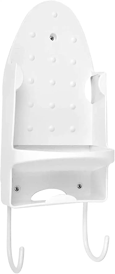 Ironing Board Hanger Wall Mount Iron Holder Household Bathroom Living Room Shelf Rack Storage Organizer with Removable Hooks for Laundry Room - 50 lbs (White)