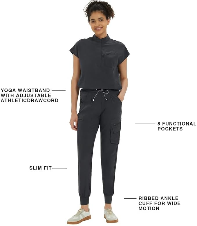 Kitmaz Medical Scrub Pants for Women — Mid Rise Jogger Pants with Yoga Waistband, 4-Way Stretch, Anti-Wrinkle & 8 Pockets