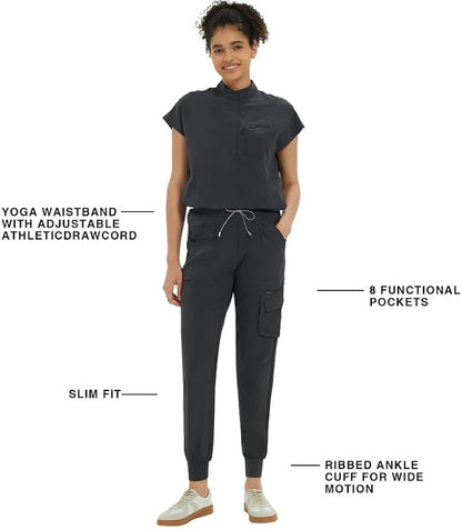 Kitmaz Medical Scrub Pants for Women — Mid Rise Jogger Pants with Yoga Waistband, 4-Way Stretch, Anti-Wrinkle & 8 Pockets