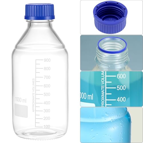 QWORK 1000ml Glass Storage Bottles, 6 Pack Leakproof Round Media Bottles with GL45 Blue Screw Caps & Graduation Lines