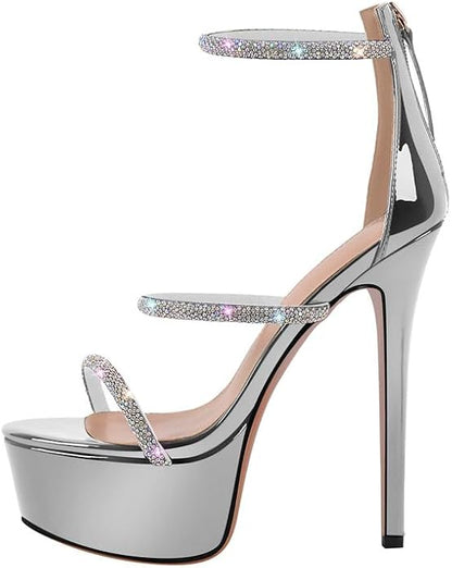 Platform Heel for Women Crystal Sandals with Rhinestone Straps Buckle Stiletto High Heels