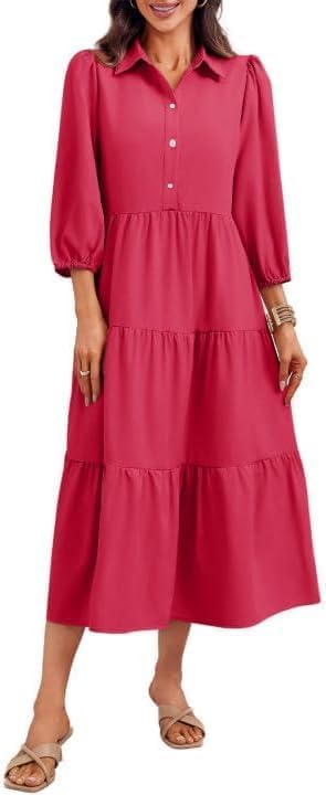 Wenrine Womens Casual 34 Sleeve Shirt Dress Button Down V Neck Tiered Collared Flowy Maxi Dress