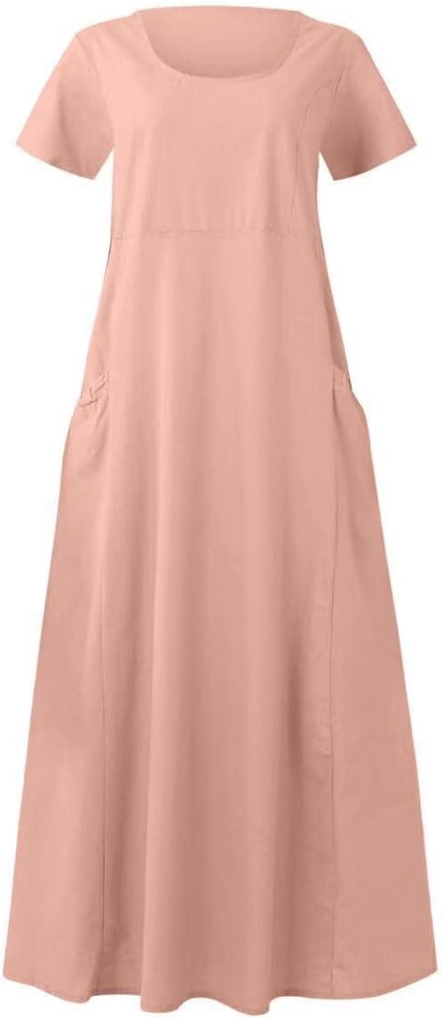 SMIDOW Women's Summer Cotton Linen Long Dress Sleeveless Elegant Flowy Dresses Plus Size Loose Comfy Dress with Pockets