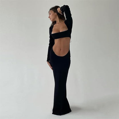 Suillty Women Sexy Hollow Out Bodycon Dress Long Sleeve Backless Belly Cutout Long Dresses for Cocktail Party Festival