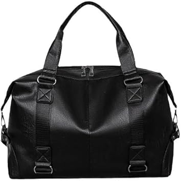Travel Bag for Men PU Leather Shoulder Bag Stylish Handbag Gym Bag with Adjustable Shoulder Strap (Black)
