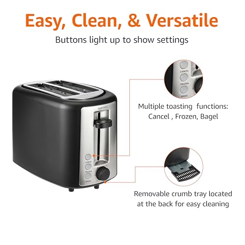 Basics 2 Slice Toaster, Extra Wide Slots for Bagels, 6 Browning Settings, Removable Crumb Tray, Defrost/Cancel/Bagel Buttons, Cord Wrap, 900W, Black & Silver