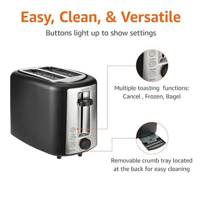 Basics 2 Slice Toaster, Extra Wide Slots for Bagels, 6 Browning Settings, Removable Crumb Tray, Defrost/Cancel/Bagel Buttons, Cord Wrap, 900W, Black & Silver