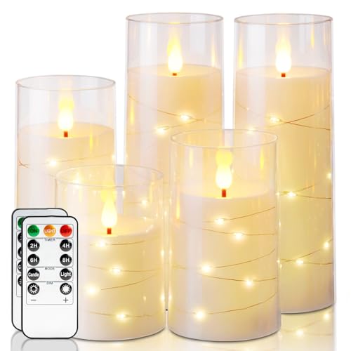 Homemory Flameless Candles with Embedded Star String Fairy Lights, Battery Operated Candles, LED Candle, Fake Candles with Remote Control and Timer, Ivory, Set of 6(H 4 5" 6" 6" 8" 8")"