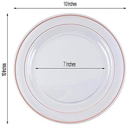 20 pcs 10-Inch White with Rose Gold Trim Plastic Round Plates - Disposable Wedding Party Reception Catering Tableware