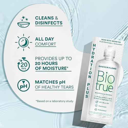 Biotrue Hydration Plus Contact Lens Solution with Lens Case, Multi-Purpose Solution for Soft Lenses, Hydrates with Hyaluronan, Cleans, Clears, and Disinfects for All-Day Comfort, 10 Fl Oz (Pack of 2)