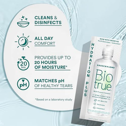 Biotrue Hydration Plus Contact Lens Solution with Lens Case, Multi-Purpose Solution for Soft Lenses, Hydrates with Hyaluronan, Cleans, Clears, and Disinfects for All-Day Comfort, 10 Fl Oz (Pack of 2)