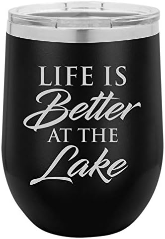 12 oz Double Wall Vacuum Insulated Stainless Steel Stemless Wine Tumbler Glass Coffee Travel Mug With Lid Life Is Better At The Lake (Black)