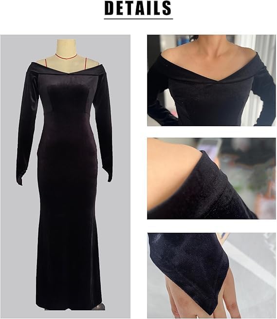 Halloween Addams Costume Dress Adult Women Cosplay Off Shoulder Maxi Long Sleeve Family Party Dresses