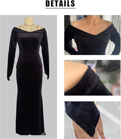 Halloween Addams Costume Dress Adult Women Cosplay Off Shoulder Maxi Long Sleeve Family Party Dresses