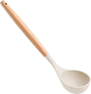 Kitchen Ladle Wood Handle Soup Ladle Household Long Handle Ladle Silicone Spoons Ladle for Cooking(White)