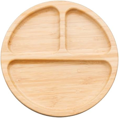 Wooden Bamboo Round Sectional Plates, Fun Baby Led Weaning Dishes with Suction Cup for Toddlers