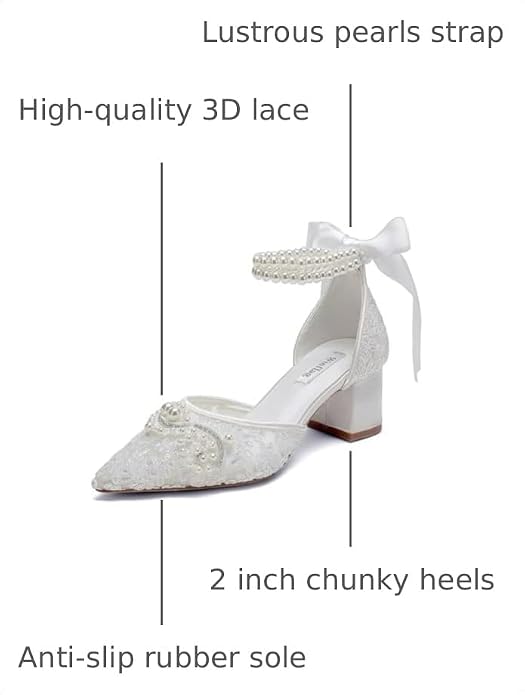 Lace Pearl Wedding Shoes for Bride Block Heel Bridal Shoes Closed Toe Wedding Heels.