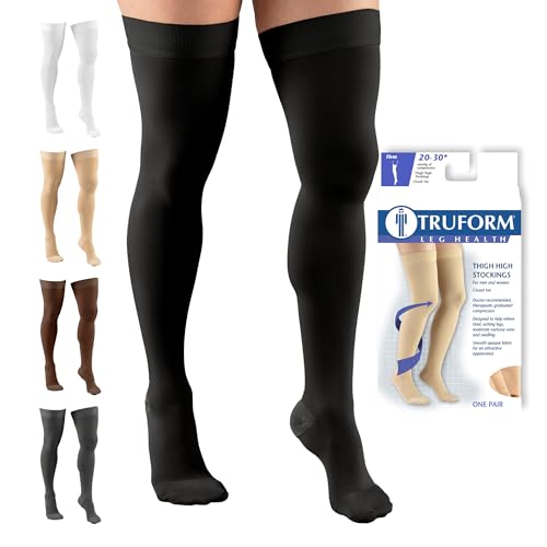 Truform 20-30 Mmhg Compression Stockings for Men & Women, Thigh High Length, Dot Top, Closed Toe, Black, Large (20-30 Mmhg)