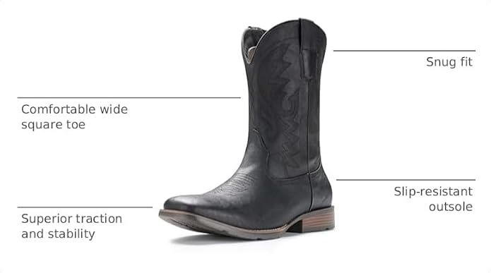 Cowboy Boots For Men with Wide Square Toe Western Retro Boot Durable Classic Fashionable Embroidered Pull On Slip Resistant Boots