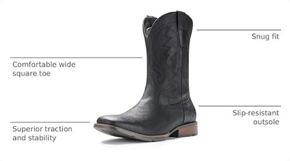 Cowboy Boots For Men with Wide Square Toe Western Retro Boot Durable Classic Fashionable Embroidered Pull On Slip Resistant Boots
