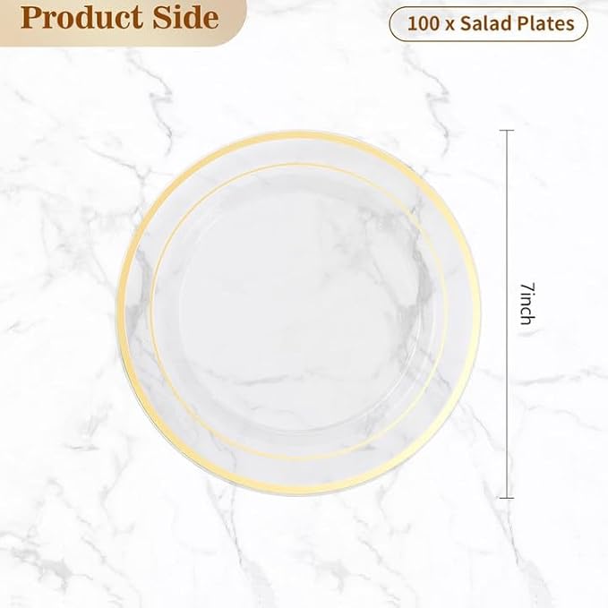 100PCS Clear Plastic Plate, 7 Inch Disposable Dessert Plate Party with Gold Rim, Heavy Duty Disposable Plastic Plates for Party, Wedding and Birthday