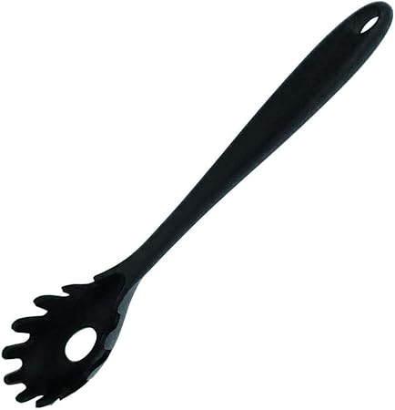 Spaghetti Spoon Pasta Fork,11Inch Silicone Pasta Fork,High Heat Resistant to 480F, Hygienic One Piece Design, Spaghetti Strainer  Server Spoon Ideal for cooking(Black)