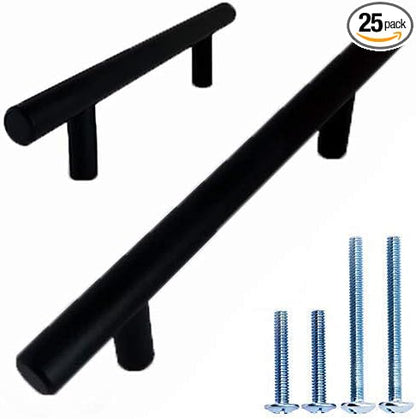 ALPINE HARDWARE Premium Solid Euro Style Bar Handle Pull-25Pack 5 inch Hole Center  7 12 inch Length-Heavy Stainless Steel Bar Handle Pull W a Matte Black Finish-American Owned Cabinet Hardware