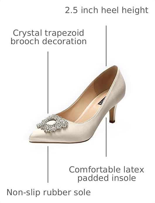 ERIJUNOR Women's Pumps Low Heel Rhinestone Brooch Satin Evening Dress Wedding Shoes