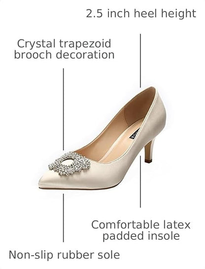 ERIJUNOR Women's Pumps Low Heel Rhinestone Brooch Satin Evening Dress Wedding Shoes