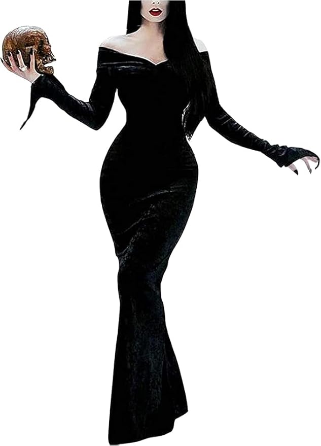 Halloween Addams Costume Dress Adult Women Cosplay Off Shoulder Maxi Long Sleeve Family Party Dresses