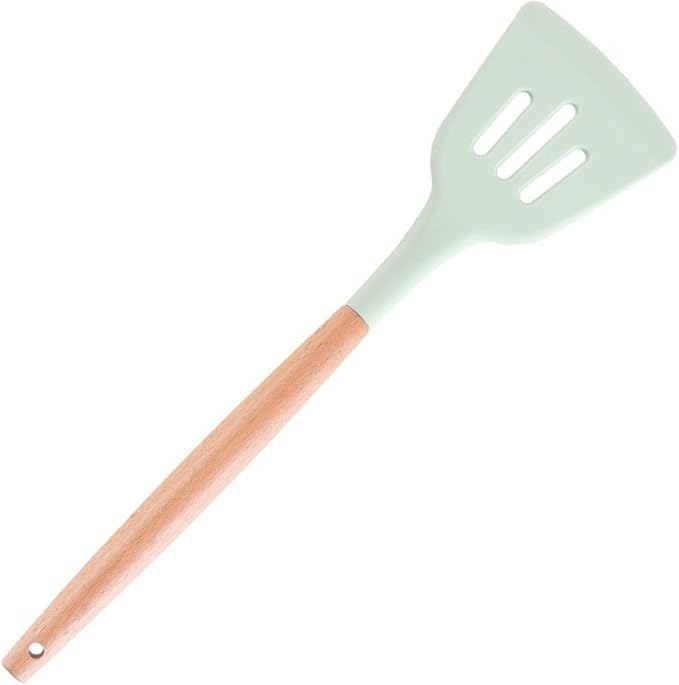 Green Silicone Utensils Kitchen Utensil Set with Multifunction Wooden Handle, Non-Stick Spatula, Ladle, Egg Shovel