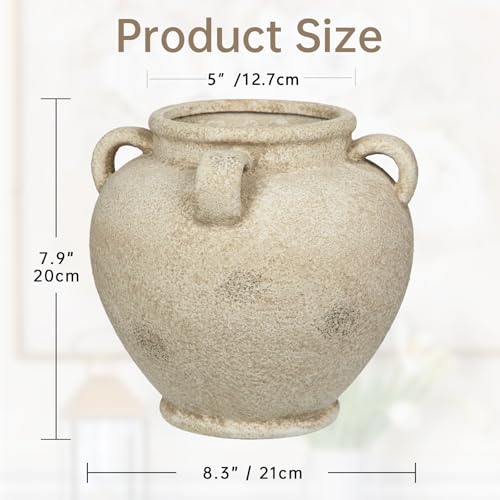 Rustic Ceramic Vase with Handles Antique-Style Beige Farmhouse Pottery Decorative Urn for Table Centerpiece, Mantel, Shelf, or Entryway Home Décor