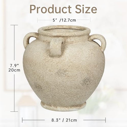 Rustic Ceramic Vase with Handles Antique-Style Beige Farmhouse Pottery Decorative Urn for Table Centerpiece, Mantel, Shelf, or Entryway Home Décor