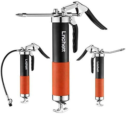 Grease Gun with Quick Release Coupler, 9000 PSI Professional Heavy Duty 14 oz Pistol Grip Grease Gun with 18 Inch Spring Flex Hose, 1 Extension Rigid Pipe and1 Sharp Nozzle Included