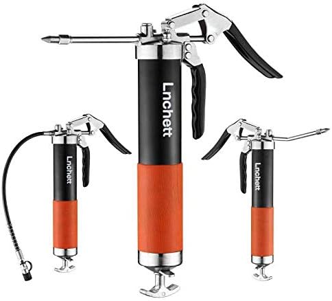 Grease Gun with Quick Release Coupler, 9000 PSI Professional Heavy Duty 14 oz Pistol Grip Grease Gun with 18 Inch Spring Flex Hose, 1 Extension Rigid Pipe and1 Sharp Nozzle Included
