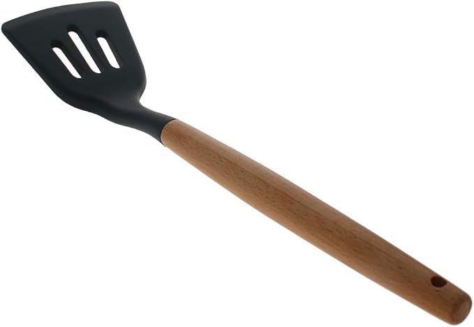Utoolmart Silicone Slotted Spatula, Silicone Spatula Cooking Utensils for Non-Stick Pans, High Heat-Resistant Wok Spatula with Wooden Handle, for Cooking, Baking, Stir-Fry, Black, 1 Pcs