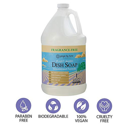 Ginger Lily Farms Botanicals Plant-Based Liquid Dish Soap, Concentrated Formula with Max Grease Cleaning Power, Cruelty-Free, Fragrance-Free, 1 Gallon Refill (128 Fl. Oz.), Clear