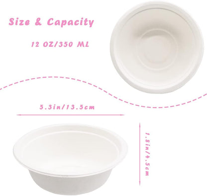 Lshfwn 100 PCS 12 OZ Disposable Paper Bowls,100% Compostable Biodgradble Bowl,350ml White Party Paper Bowl,Natural Sugarcane Fibers Bowls for Parties Catering