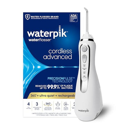 Waterpik Cordless Advanced 2.0 Water Flosser For Teeth, Gums, Braces, Dental Care With Travel Bag and 4 Tips, ADA Accepted, Rechargeable, Portable, and Waterproof, White WP-580, Packaging May Vary ( No original Box )
