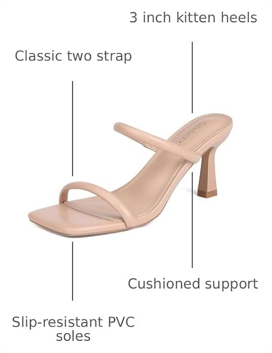 Goderci Kitten Heels for Women Two Strap Mules Mid Square Open Toe Slip On Heeled Sandals