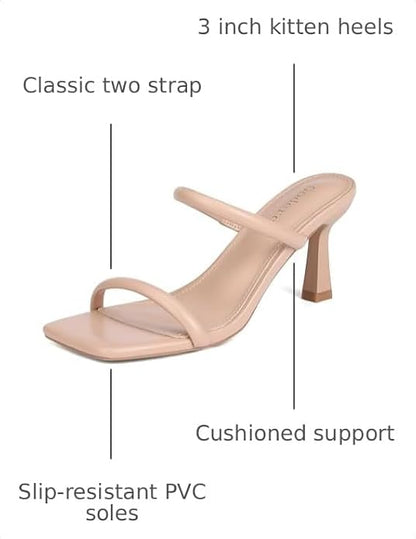 Goderci Kitten Heels for Women Two Strap Mules Mid Square Open Toe Slip On Heeled Sandals