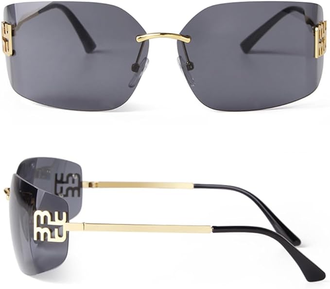 Rectangle Curved Rimless Sunglasses Women Men Metal Rivets Gradient Gray Lens Shades Sun Glasses UV400